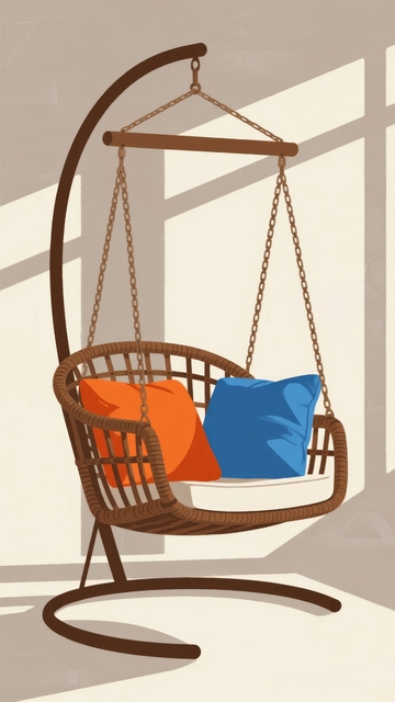 悬挂式藤编吊椅配蓝色和橙色靠垫