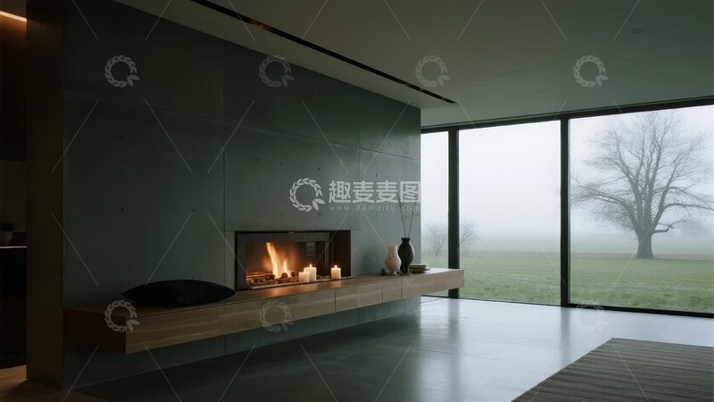 高清大图下载【趣麦麦图】现代室内壁炉旁的宁静雾景
