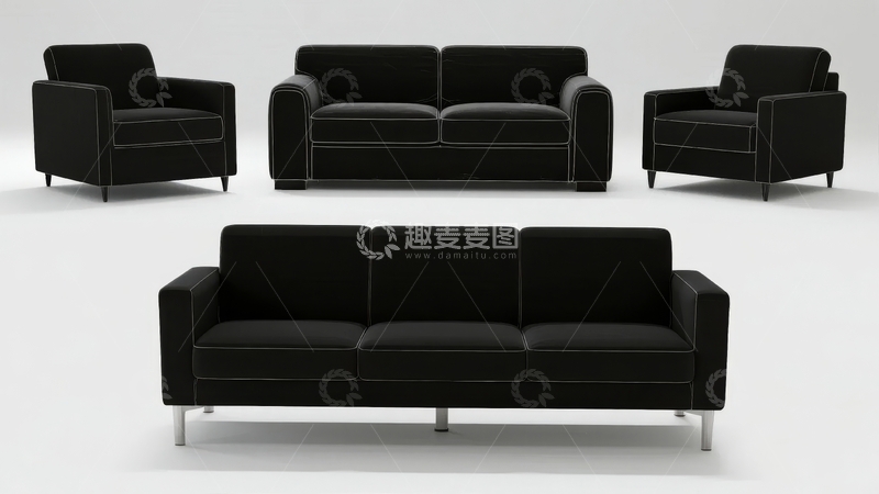 高清大图下载【趣麦麦图】一套黑色绒面沙发和扶手椅在纯白背景下的展示