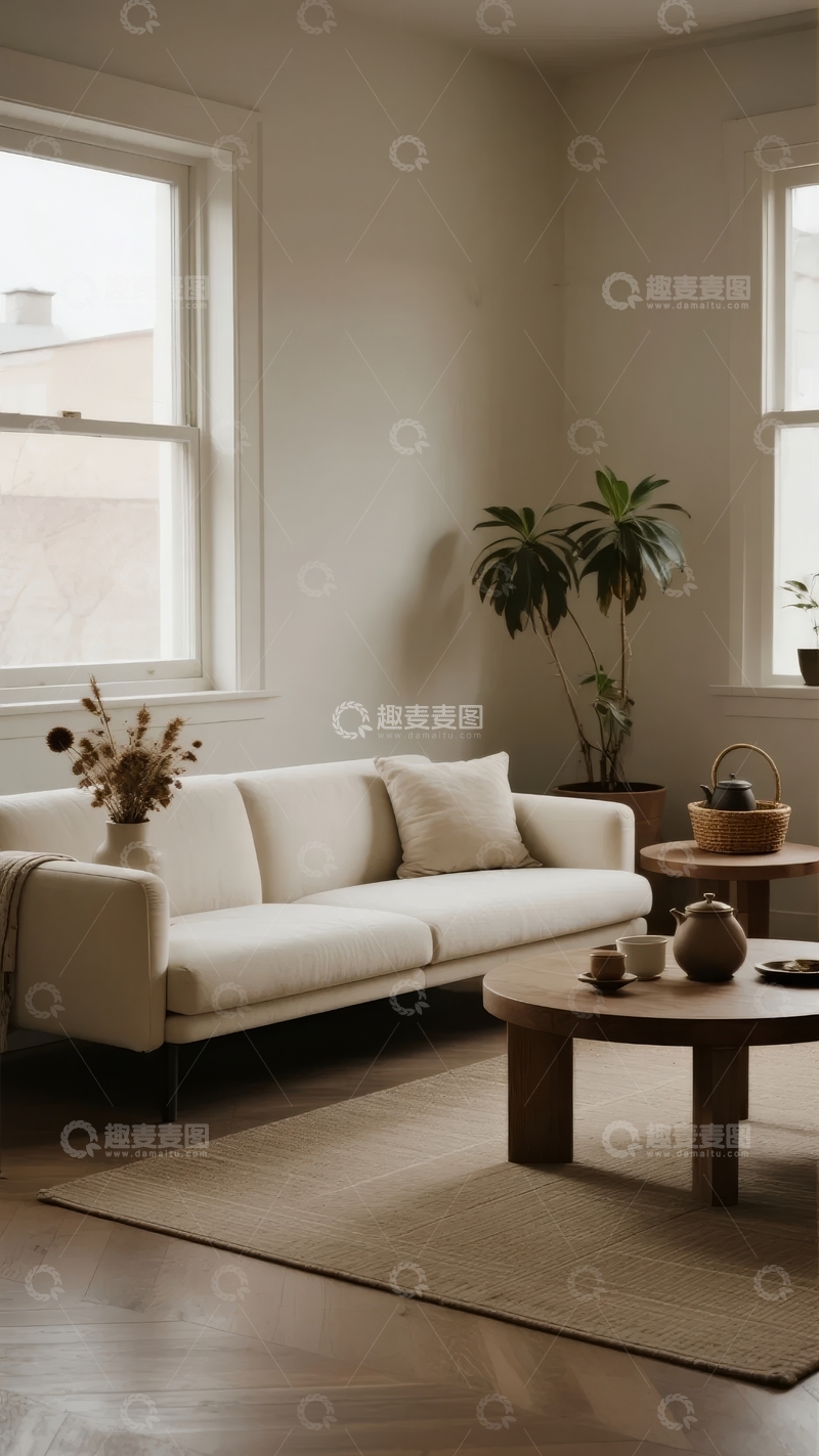 高清大图下载【趣麦麦图】简约风格客厅布置窗边沙发与绿植点缀