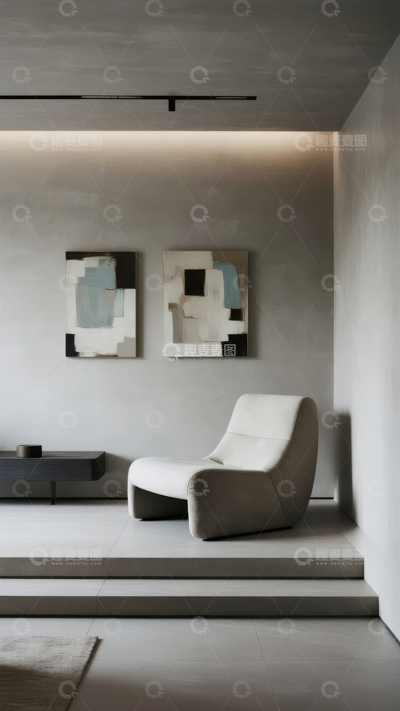 高清大图下载【趣麦麦图】现代简约风格客厅配抽象艺术画与舒适单人椅