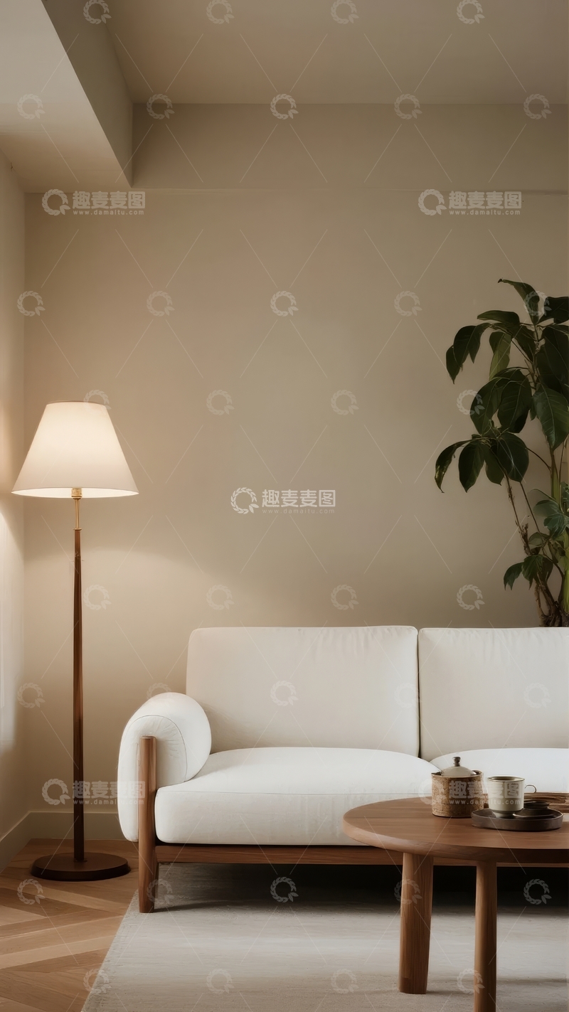 高清大图下载【趣麦麦图】简约风格客厅内白色沙发与落地灯的温馨角落