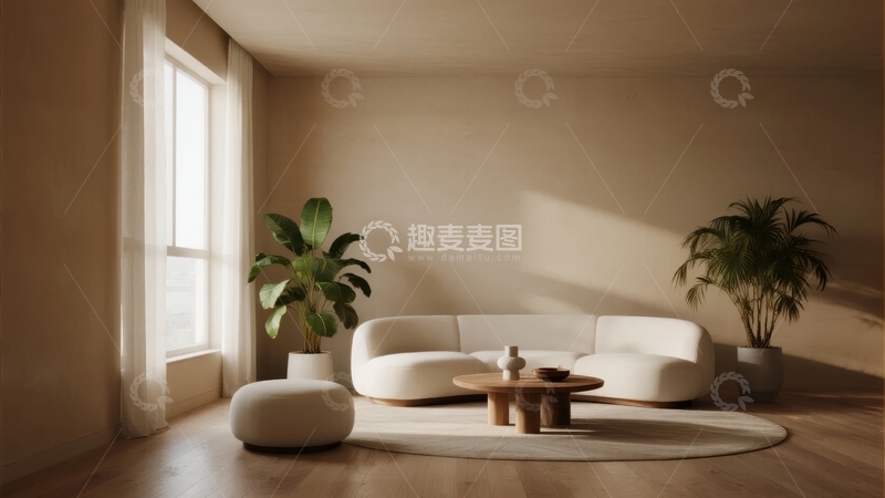 高清大图下载【趣麦麦图】现代简约风格客厅阳光透过窗户洒在米色沙发上