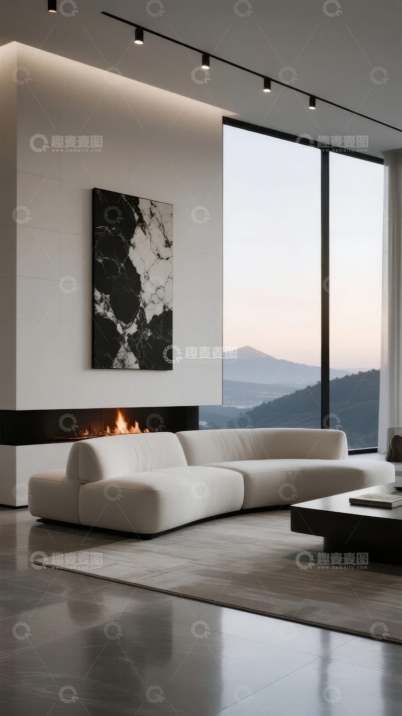 高清大图下载【趣麦麦图】现代简约客厅配落地窗景观与壁炉