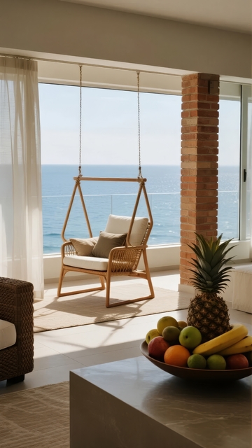 海边吊椅与热带水果装饰的室内景观