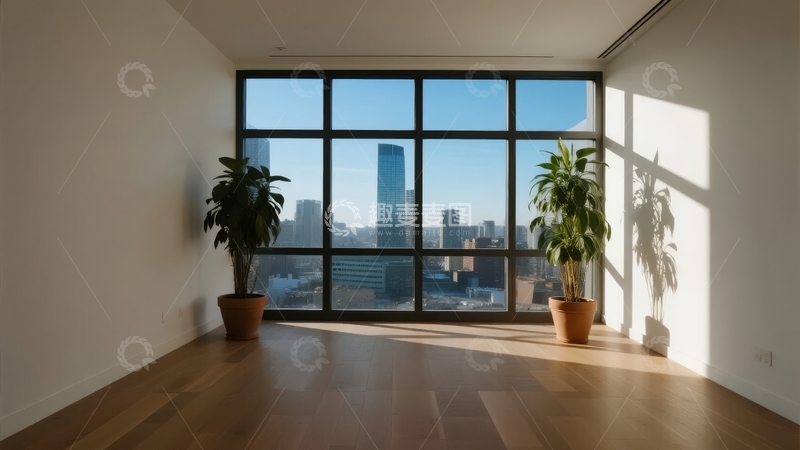 高清大图下载【趣麦麦图】室内大窗户景观城市天际线与绿植装饰