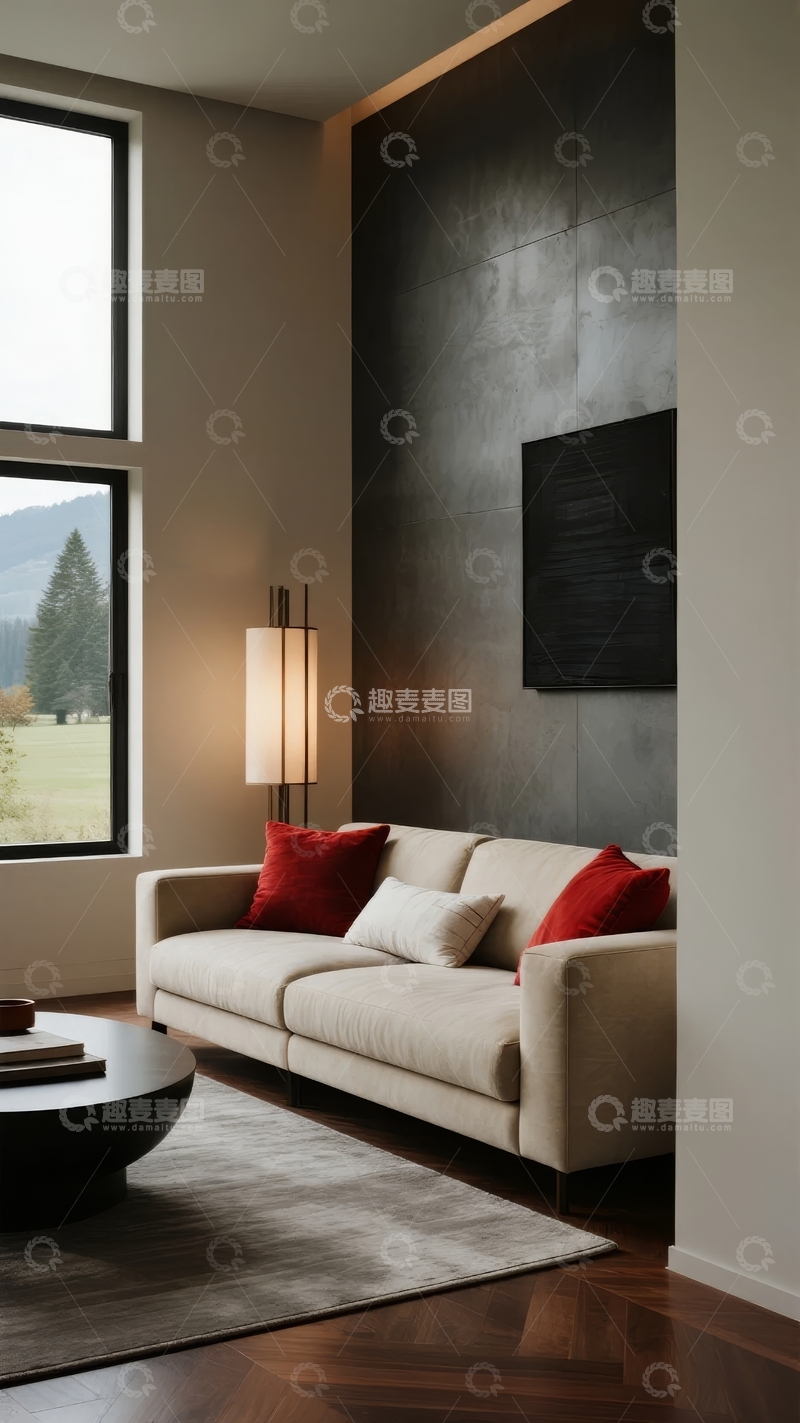 高清大图下载【趣麦麦图】现代简约客厅设计窗外山景与室内温馨氛围