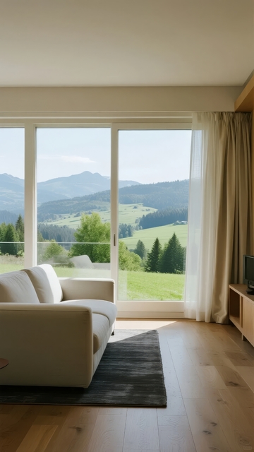 现代客厅落地窗欣赏山景