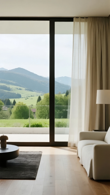 现代客厅落地窗景观山景