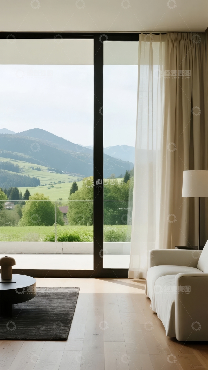 高清大图下载【趣麦麦图】现代客厅落地窗景观山景