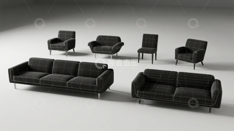 高清大图下载【趣麦麦图】现代风格黑色沙发与扶手椅组合展示