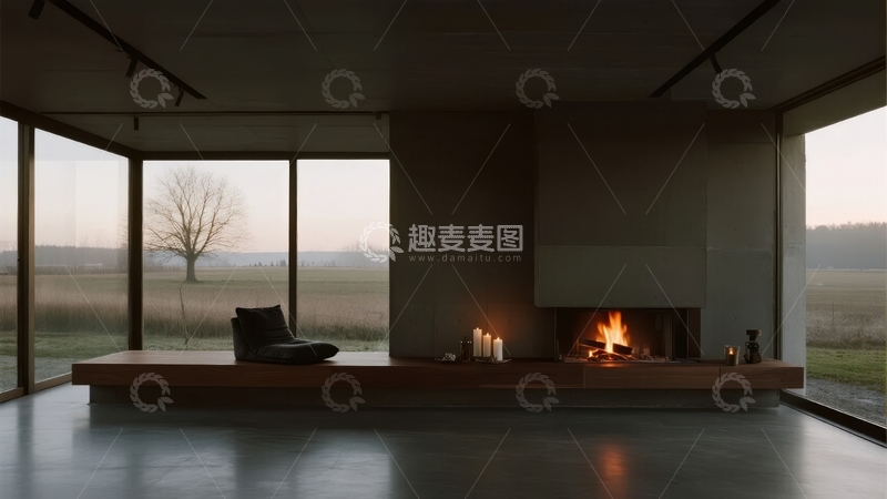 高清大图下载【趣麦麦图】现代室内壁炉旁的落地窗景观