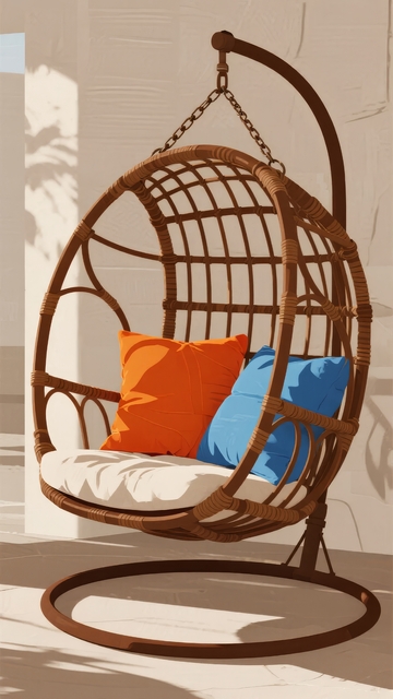 藤编吊椅配橙蓝靠垫置于户外墙边