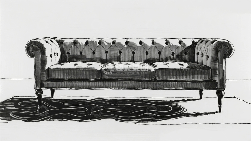 高清大图下载【趣麦麦图】黑白线条画展示了一张古典风格的三人沙发及其下方的波浪形地毯