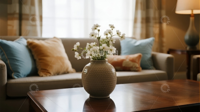 高清大图下载【趣麦麦图】客厅沙发上摆放着花瓶和靠垫的温馨场景