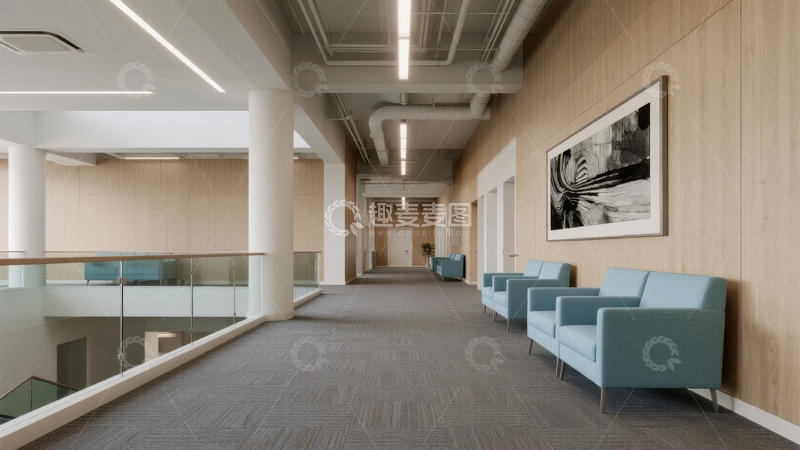 高清大图下载【趣麦麦图】现代建筑内部走廊设有休息区和艺术装饰画