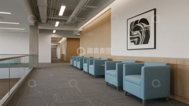 高清大图下载【趣麦麦图】现代办公走廊设有蓝色座椅和艺术装饰画