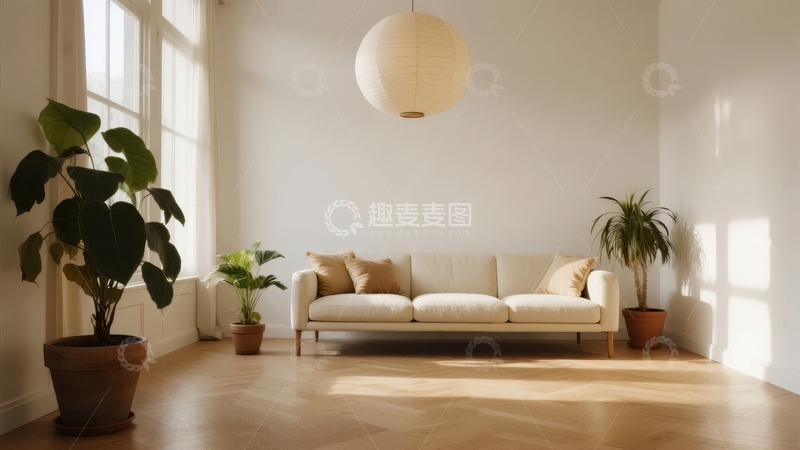 高清大图下载【趣麦麦图】明亮简约客厅摆放白色沙发与绿植