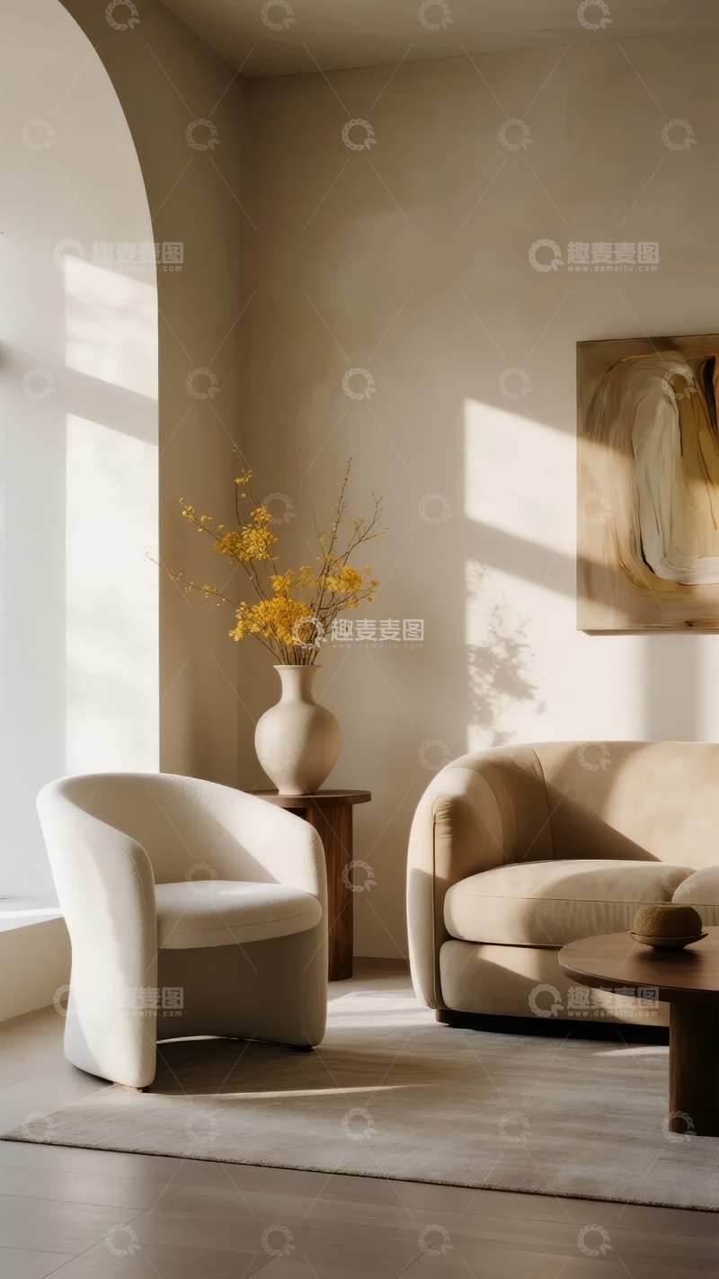 高清大图下载【趣麦麦图】简约室内角落阳光洒落沙发花瓶静置