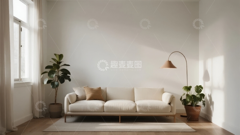 高清大图下载【趣麦麦图】现代简约风格客厅沙发墙角绿植装饰