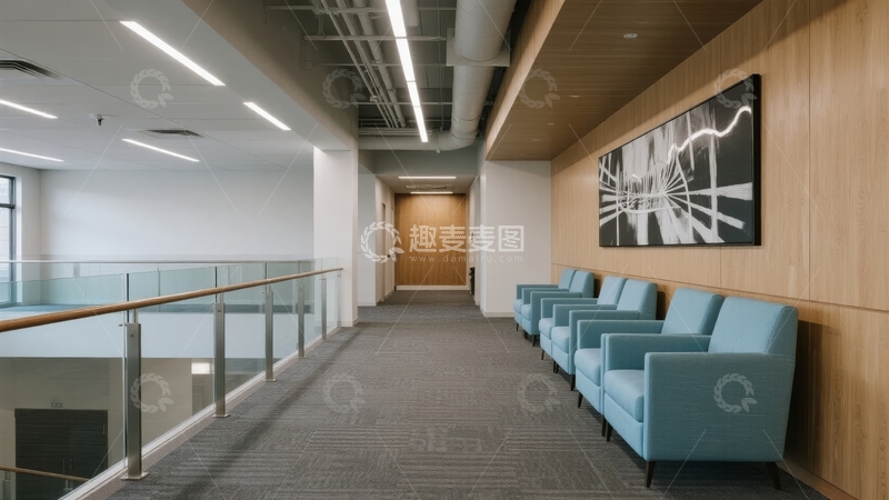 高清大图下载【趣麦麦图】现代办公楼走廊设有蓝色座椅和艺术装饰画