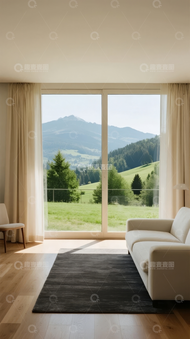高清大图下载【趣麦麦图】现代客厅落地窗眺望山景