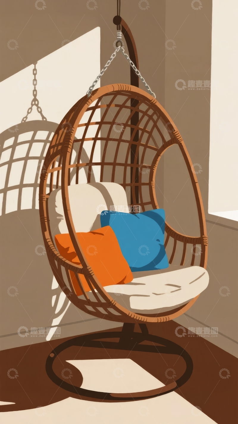 高清大图下载【趣麦麦图】室内悬挂藤编吊椅配彩色靠垫