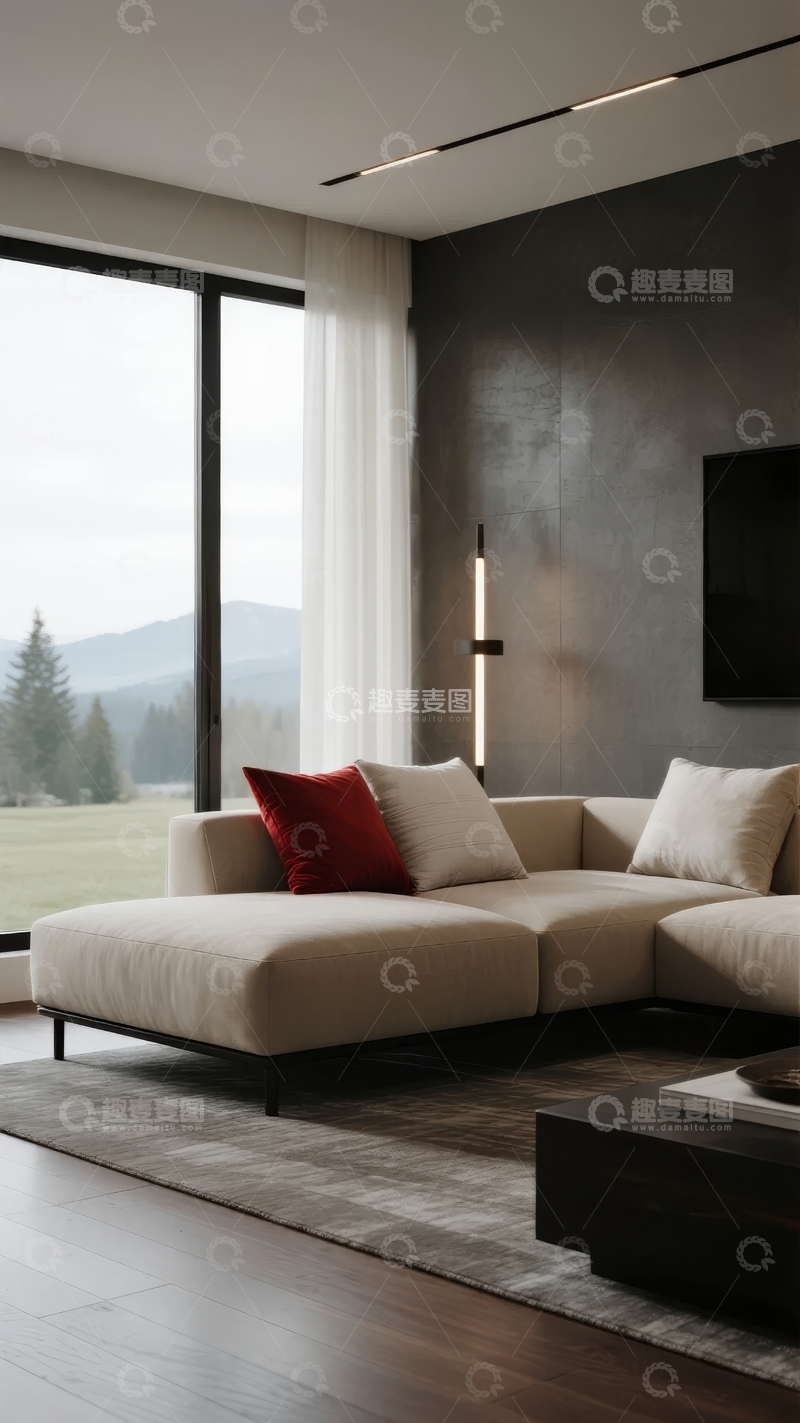 高清大图下载【趣麦麦图】现代简约客厅设计窗外山景