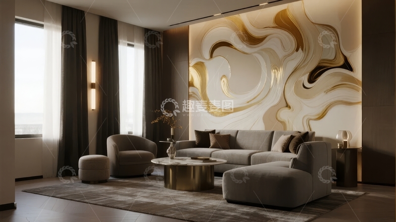 高清大图下载【趣麦麦图】现代客厅设计以大理石纹理墙和舒适家具为特色