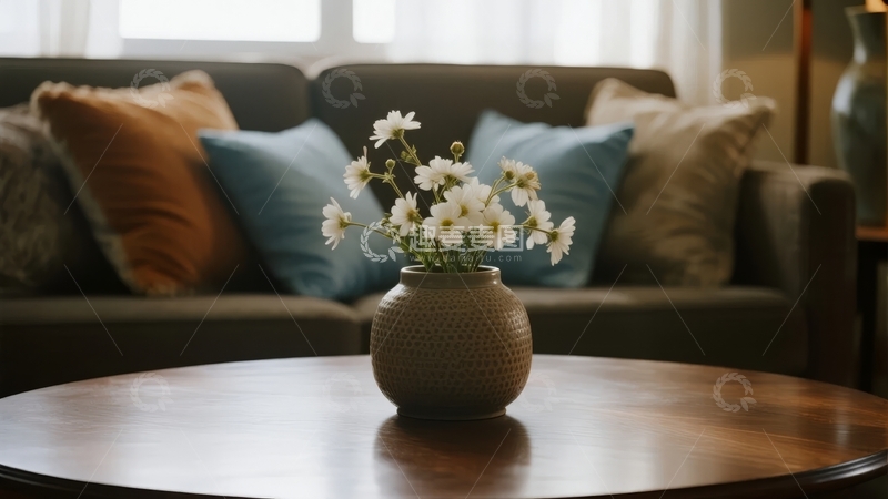 高清大图下载【趣麦麦图】室内咖啡桌上摆放着花瓶和靠垫的温馨场景