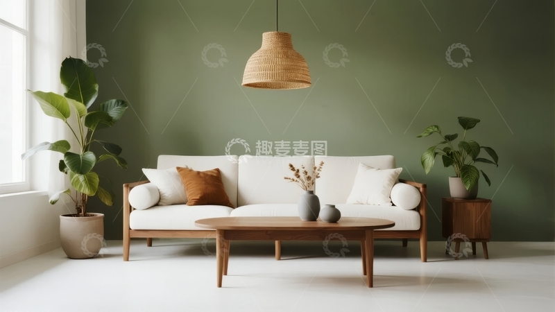 高清大图下载【趣麦麦图】现代简约客厅布置绿色墙面木质家具