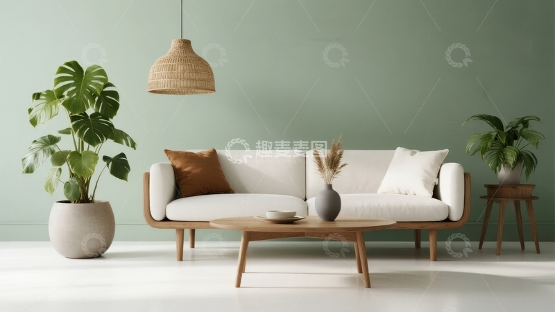 高清大图下载【趣麦麦图】简约风格客厅摆放着白色沙发和绿植