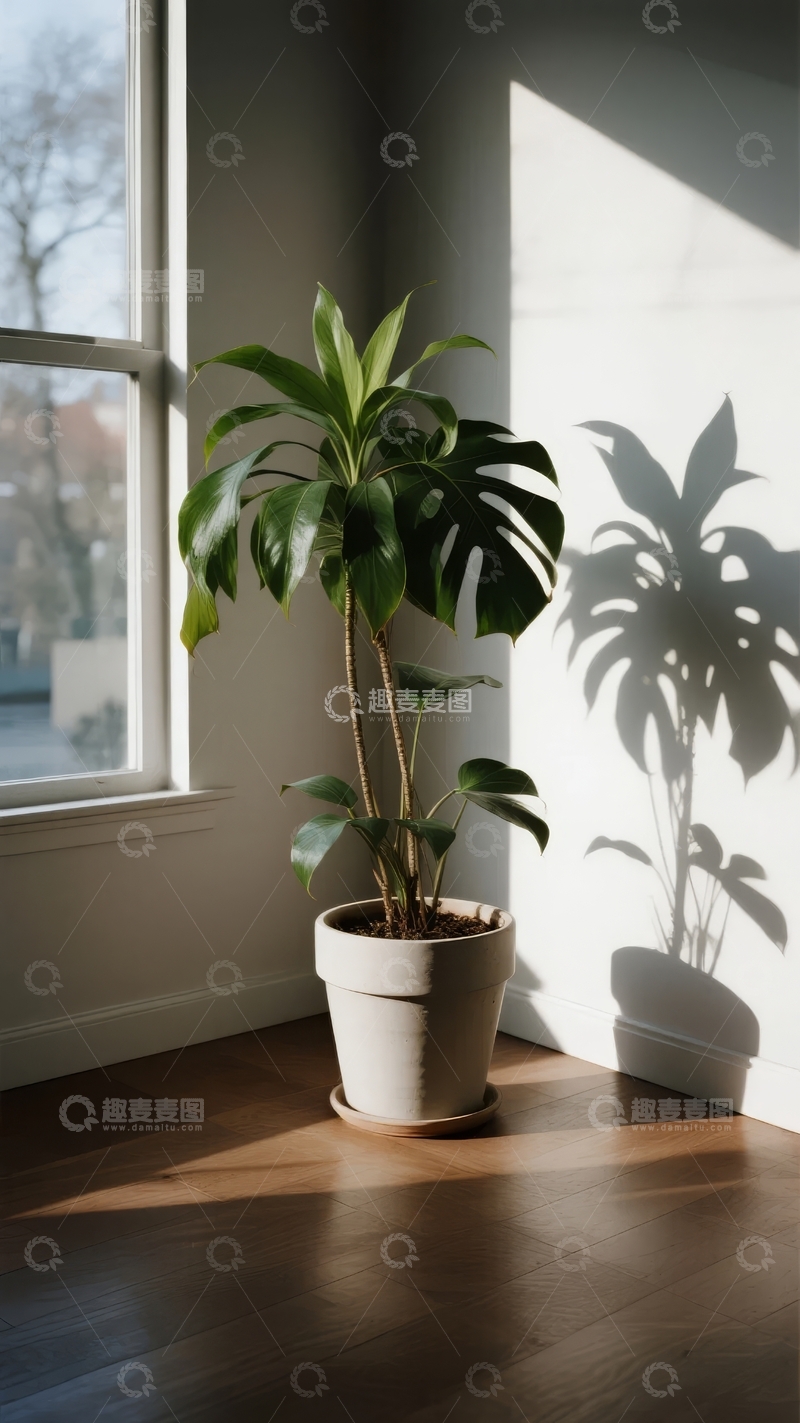 高清大图下载【趣麦麦图】室内窗边绿植光影静谧一角