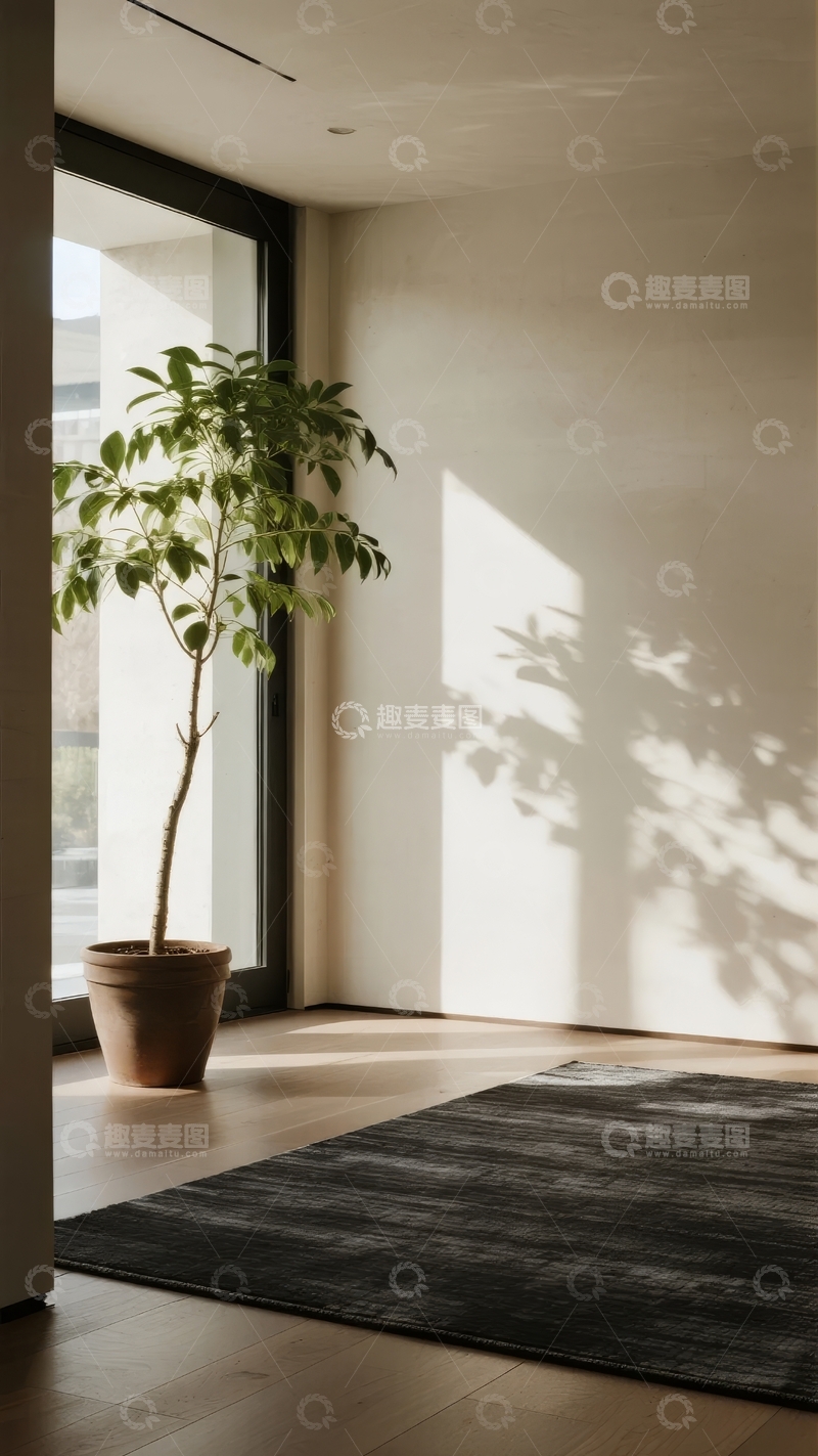 高清大图下载【趣麦麦图】室内角落绿植与光影投射的静谧空间