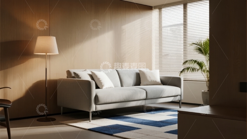 高清大图下载【趣麦麦图】现代简约风格客厅阳光透过百叶窗照射在灰色沙发上