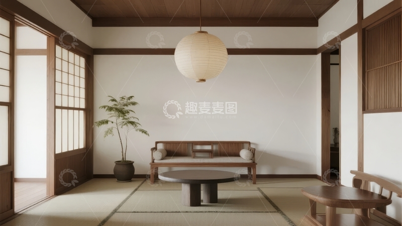 高清大图下载【趣麦麦图】日式风格室内空间简约宁静木质结构与纸灯笼装饰