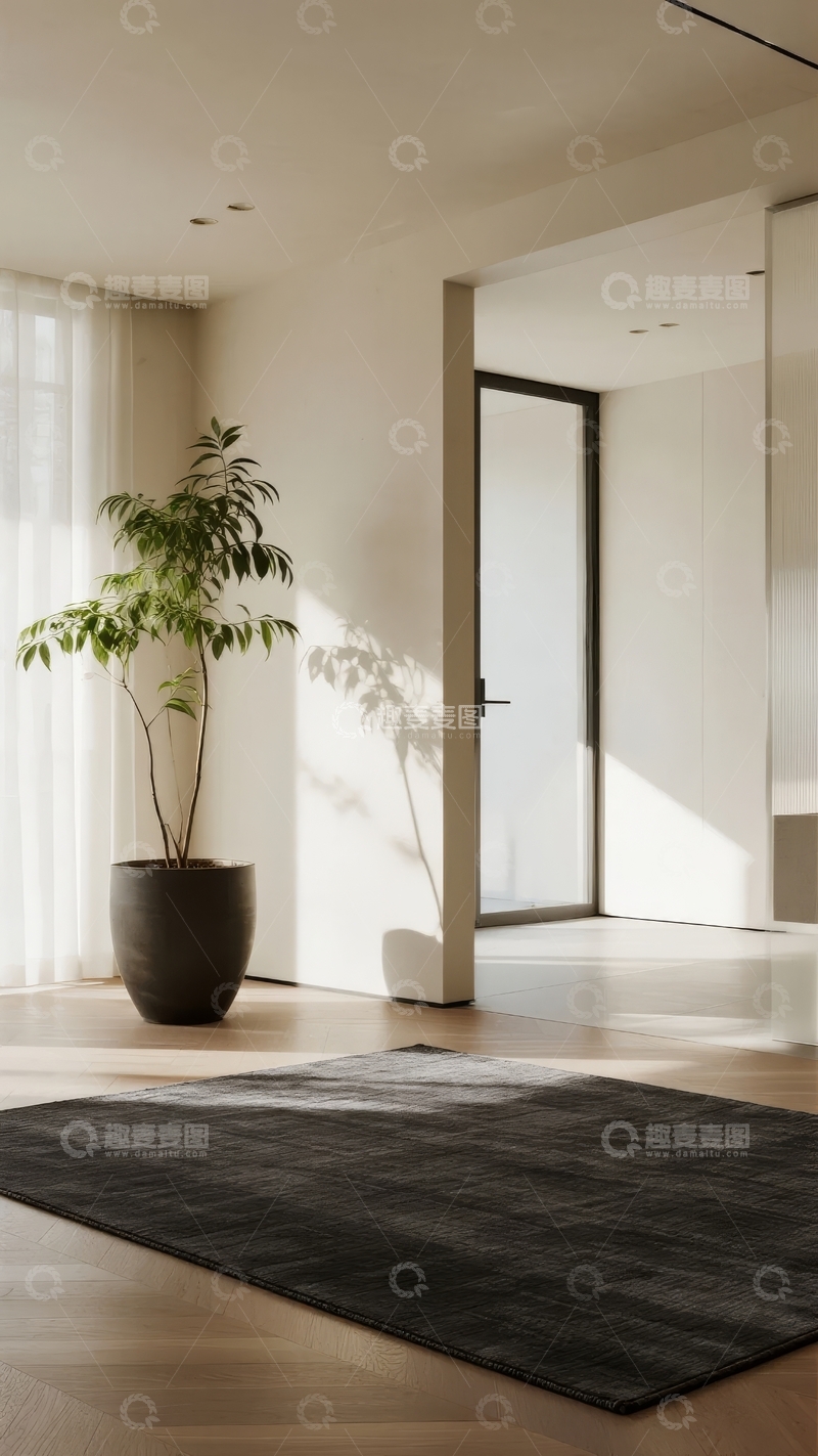 高清大图下载【趣麦麦图】现代简约室内空间阳光透过窗户洒在植物和地板上