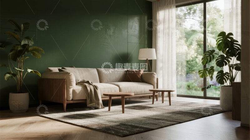 高清大图下载【趣麦麦图】现代简约客厅阳光透过窗户照亮沙发和绿植