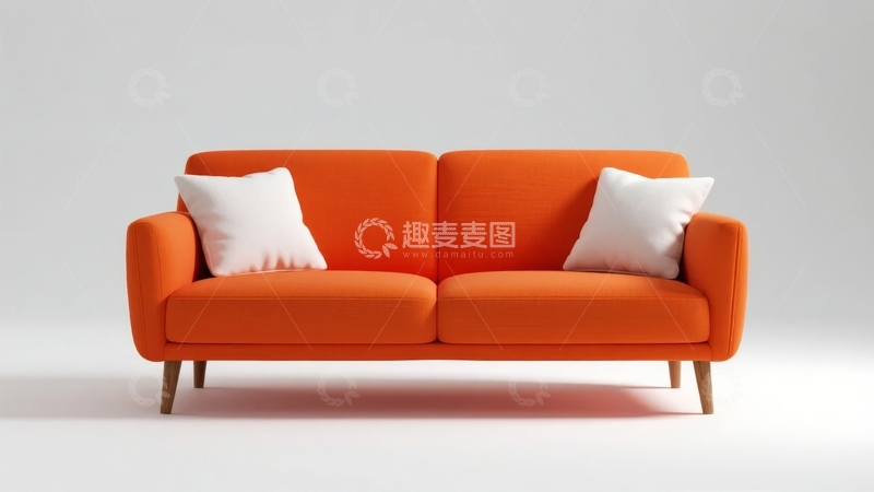 高清大图下载【趣麦麦图】橙色沙发配白色靠垫置于简约白色背景中