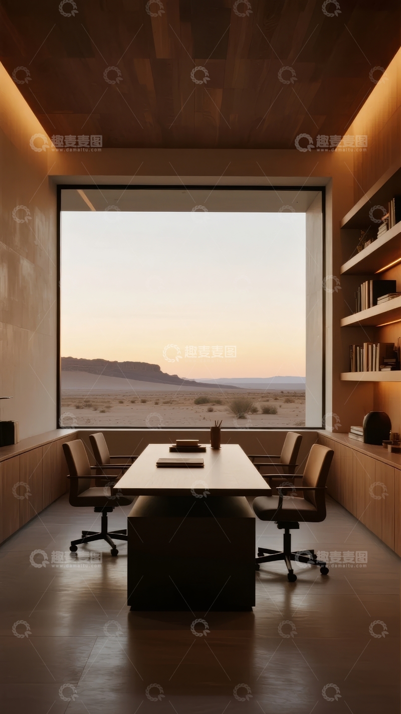 高清大图下载【趣麦麦图】现代办公室内景透过大窗可见沙漠日落景观