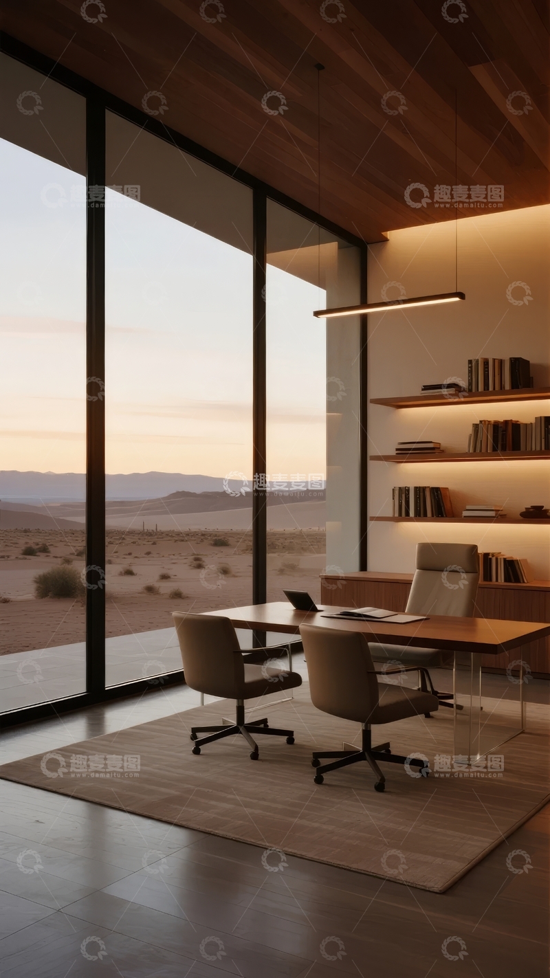 高清大图下载【趣麦麦图】现代办公室内景透过大窗可见沙漠日落景观