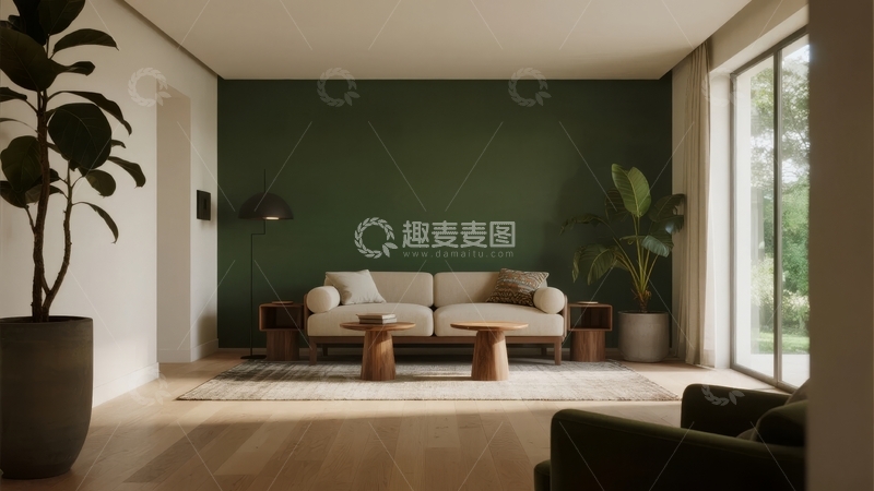 高清大图下载【趣麦麦图】现代简约客厅设计以绿色墙面和木质家具为主