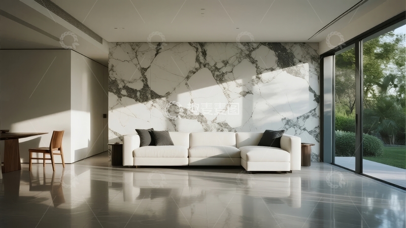 高清大图下载【趣麦麦图】现代客厅大理石墙与大面积落地窗设计