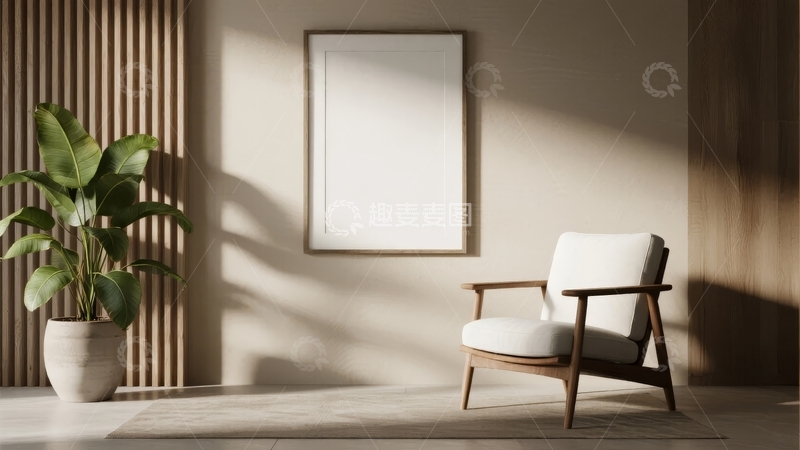 高清大图下载【趣麦麦图】现代简约室内一角阳光洒在木质扶手椅与绿植旁