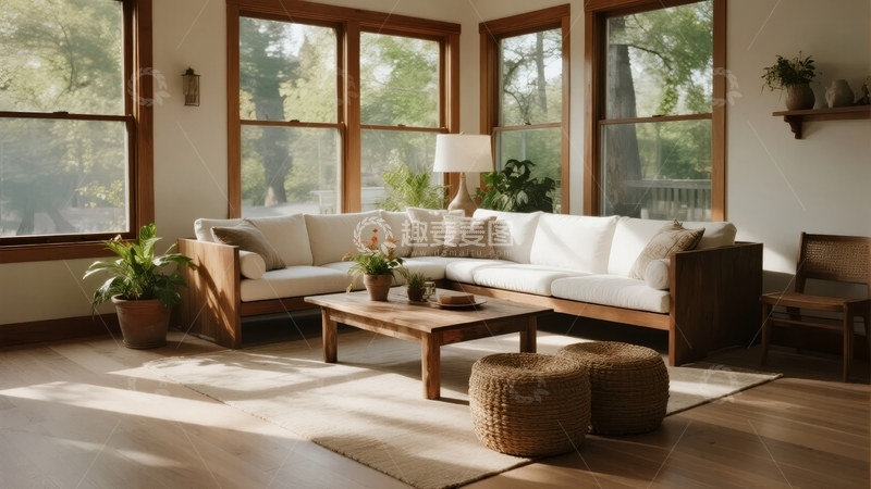 高清大图下载【趣麦麦图】明亮客厅内摆放着木质家具和绿植