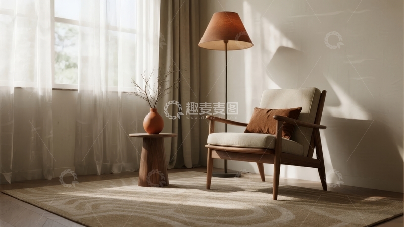 高清大图下载【趣麦麦图】阳光洒落的温馨角落摆放着木质扶手椅和落地灯