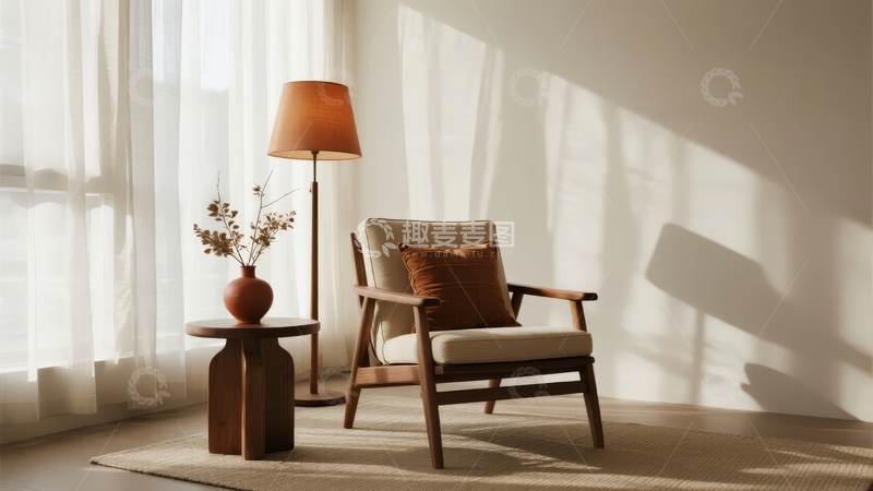 高清大图下载【趣麦麦图】阳光洒落的简约客厅角落摆放着木质扶手椅和落地灯