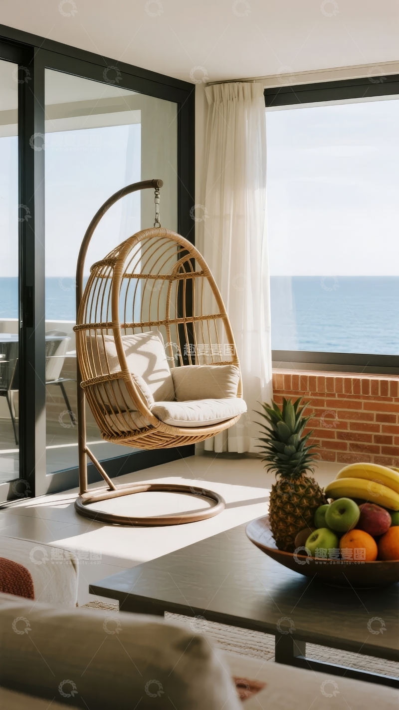 高清大图下载【趣麦麦图】室内悬挂藤椅旁摆放着热带水果和海景