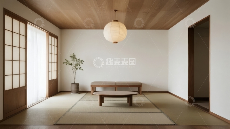 高清大图下载【趣麦麦图】简约日式风格室内空间摆放着榻榻米茶几和植物