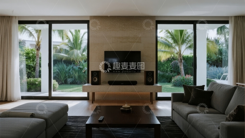 高清大图下载【趣麦麦图】现代客厅通过落地窗展现热带景观